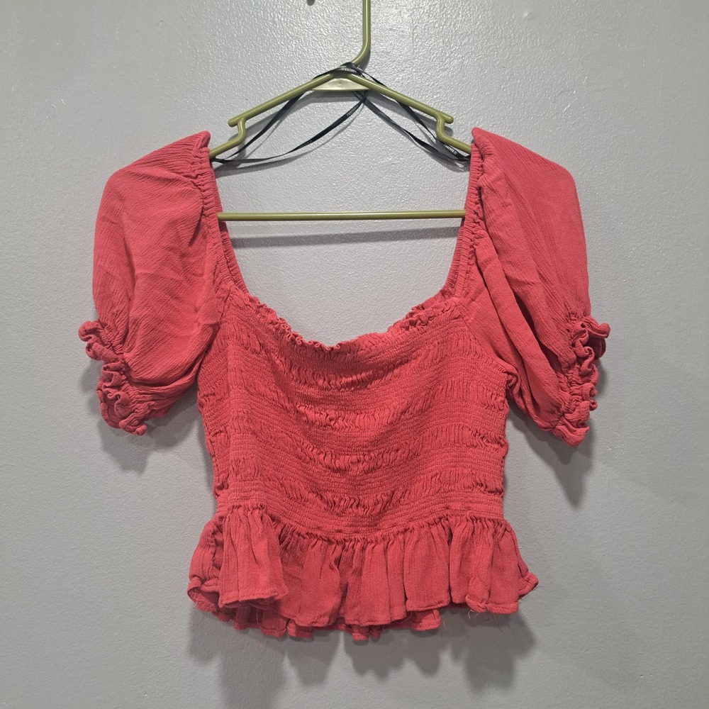 Forever 21 LARGE Smocked Puff Sleeve Peplum‎ Top Square Neck Ruffle Raspberry